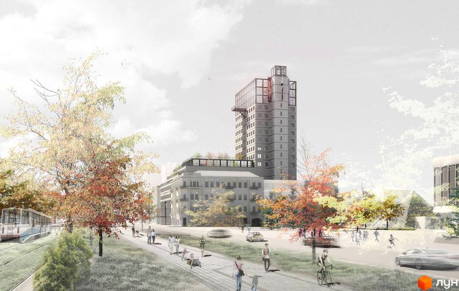 Житловий комплекс Дельмар Люкс: висотна будівля з сірим фасадом та скляними елементами, оточена деревами з осіннім листям та пішохідною зоною з людьми.