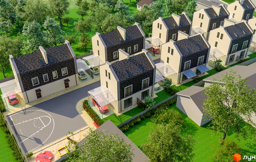 Зображення житлового комплексу Smart-town. На фото будинки з темними дахами та світлими стінами. На прибудинковій території є парковка, дитячий майданчик та баскетбольний майданчик.