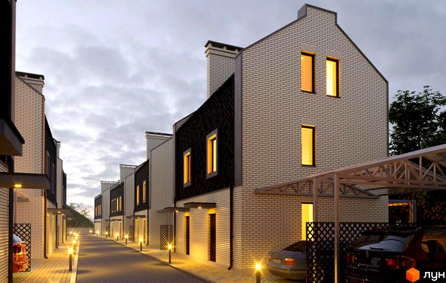 Зображення фасаду будинку ЖК Smart-таун з білої цегли з вікнами, що світяться. На передньому плані вулиця з ліхтарями та припарковані автомобілі.