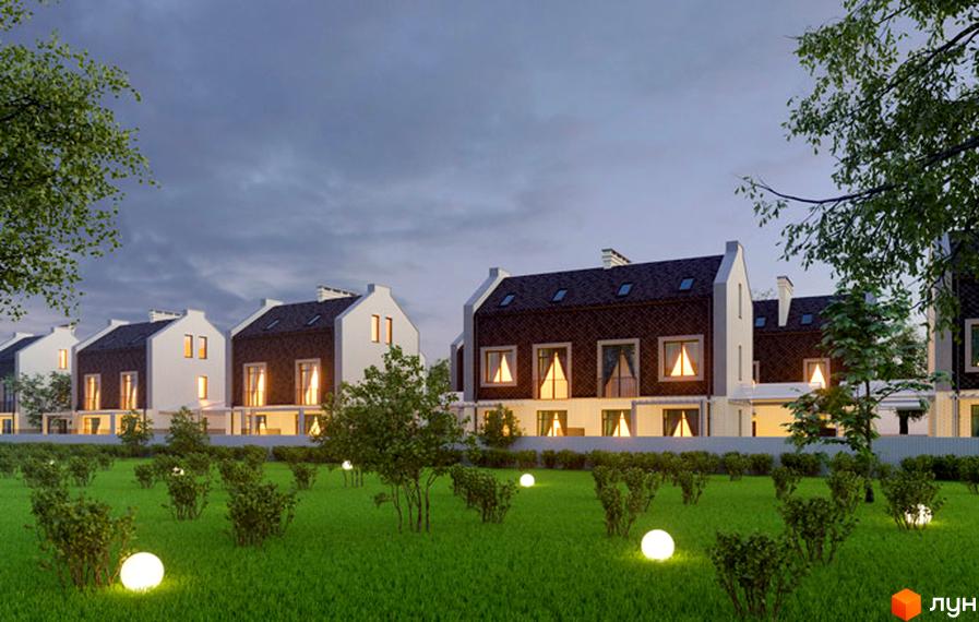 Зображення житлового комплексу з будинками з коричневою черепицею та білими стінами. На території газони з кущами та декоративним освітленням.