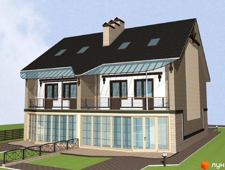 Зовнішній вигляд двоповерхового будинку з балконами та великими вікнами на першому поверсі. Прибудинкова територія з доріжками та огорожею.