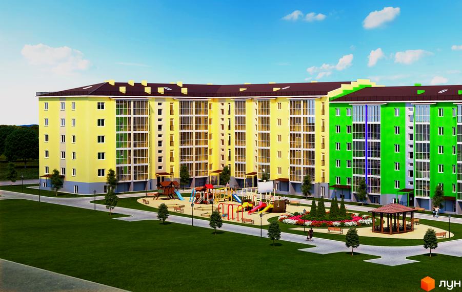 Житловий комплекс Барський - багатоповерхові будинки жовтого та зеленого кольору з великими вікнами. Прибудинкова територія з дитячим майданчиком, зонами відпочинку та озелененням.