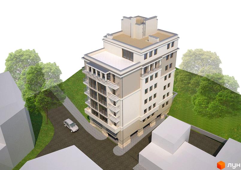 Зовнішній вигляд багатоповерхового будинку з балконами та великими вікнами. Навколо будинку зелена зона з деревами та прибудинкова територія з дорогою та автомобілем.