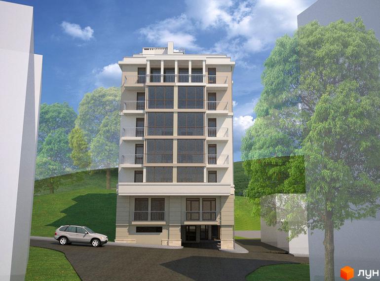 Новобудова на вул. Лісова, 4а. Зовнішній вигляд будинку з балконами та великими вікнами, поряд зелена зона та автомобіль.