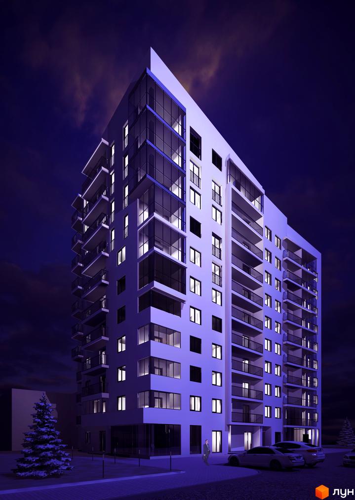 Житловий комплекс Ван Гог. Зовнішній вигляд будівлі вночі з підсвіченими вікнами та балконами. Поруч розташована ялинка та автомобілі.