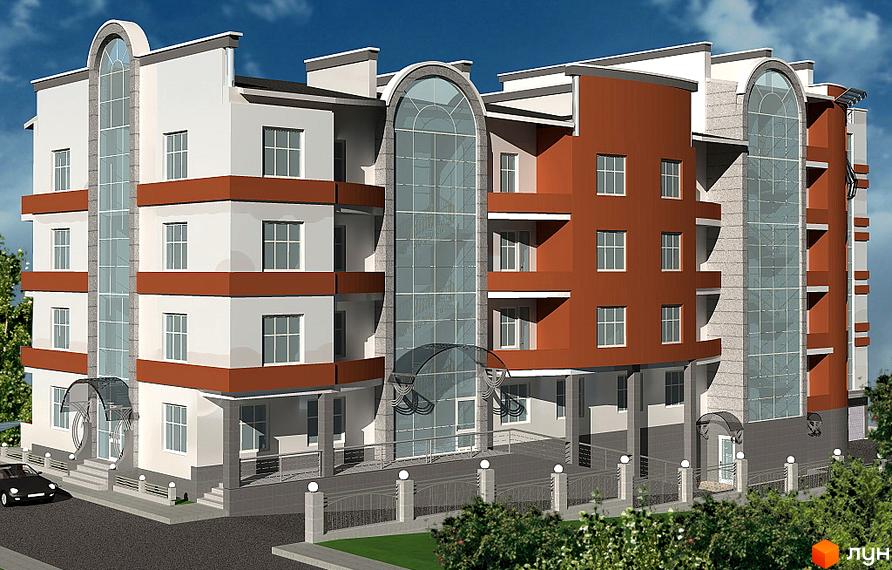 Зовнішній вигляд новобудови на вул. Червона, 29, з цегляним фасадом та великими вікнами. Прибудинкова територія з огорожею та деревами.