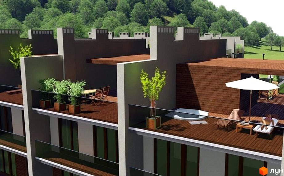Таунхауси „Озерний край“: тераси з рослинами, меблями та джакузі. Зовнішній вигляд новобудови з дерев'яними елементами та скляними огорожами.