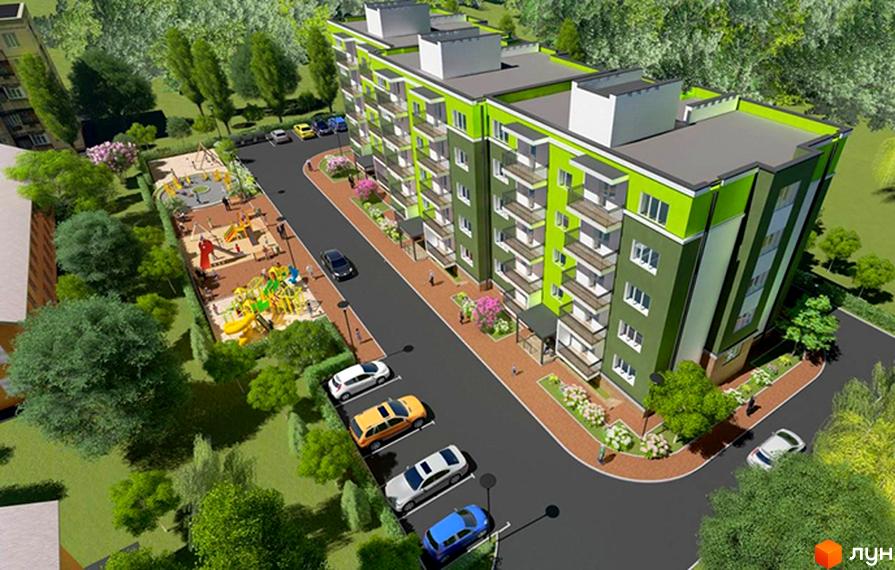 Клубний будинок „Васильків“ з яскраво-зеленим фасадом та балконами. На прибудинковій території розташований дитячий майданчик та парковка з автомобілями.