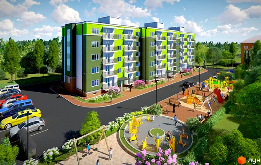 Зовнішній вигляд клубного будинку „Васильків“ з яскраво-зеленим фасадом та балконами. На прибудинковій території розташовані дитячий майданчик та парковка з автомобілями.