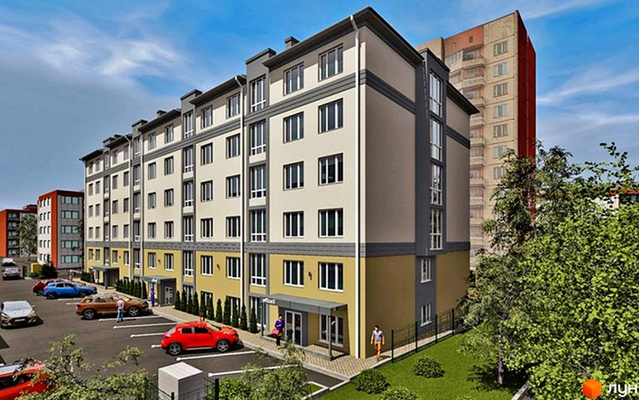 Клубний будинок Олімпія з фасадом світло-бежевого кольору та жовтим цоколем. На прибудинковій території розташована парковка з автомобілями та зелені насадження.