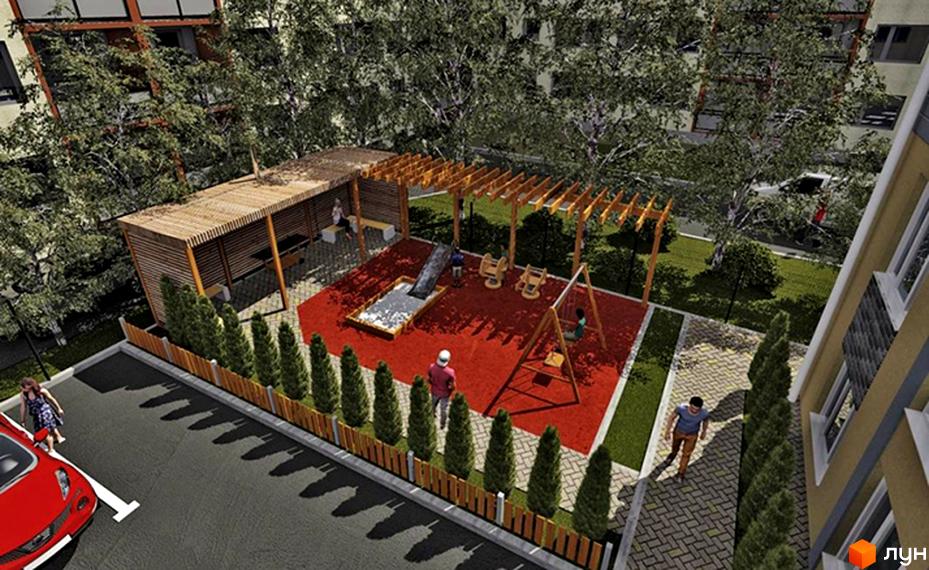 Клубний будинок „Олімпія“ з дитячим майданчиком та зоною відпочинку. Огляд фасаду будівлі та прибудинкової території з паркуванням.