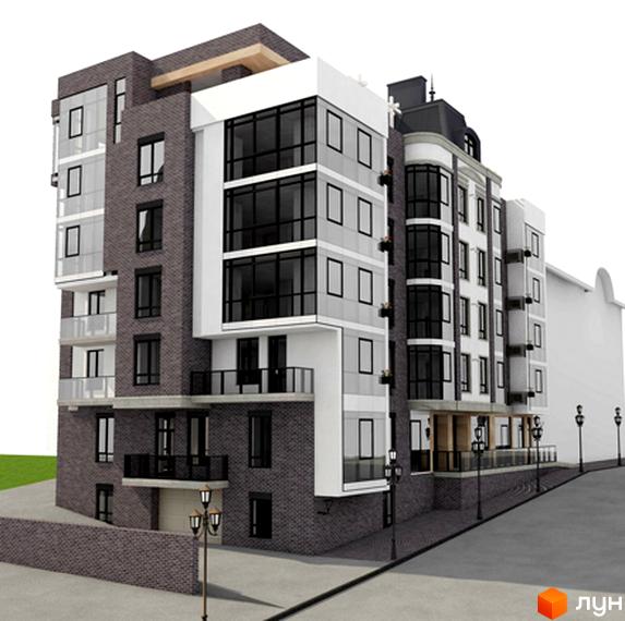 Зовнішній вигляд новобудови на вул. Мури з цегляним фасадом, великими вікнами та балконами. Навколо будинку розташована прибудинкова територія з доріжками та ліхтарями.