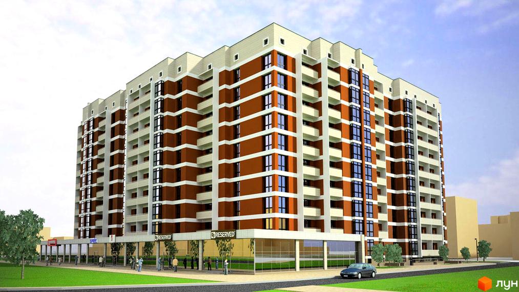 Новобудова на вул. Перфецького, 2а. Багатоповерховий будинок з коричневими та бежевими фасадами, балконами та великими вікнами. Навколо будинку зелена галявина, дерева та доглянута прибудинкова територія.