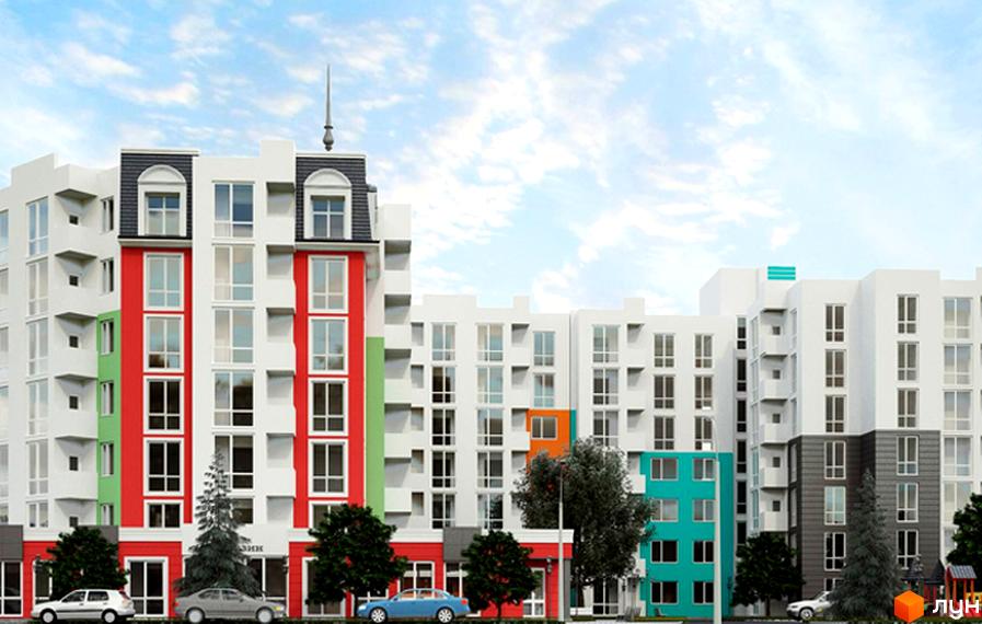 Новобудова на вулиці Мічуріна. Фасад будинку оздоблений червоними та білими елементами, з великою кількістю вікон. Поруч розташовані дерева та припарковані автомобілі.