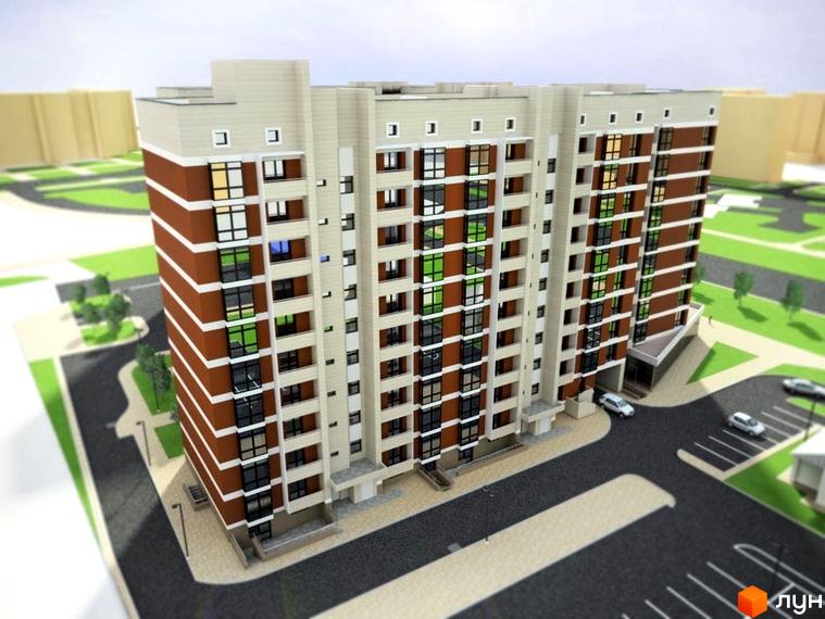 Зовнішній вигляд багатоповерхового будинку з коричневими та світлими фасадами. Прибудинкова територія з дорогою та парковкою.