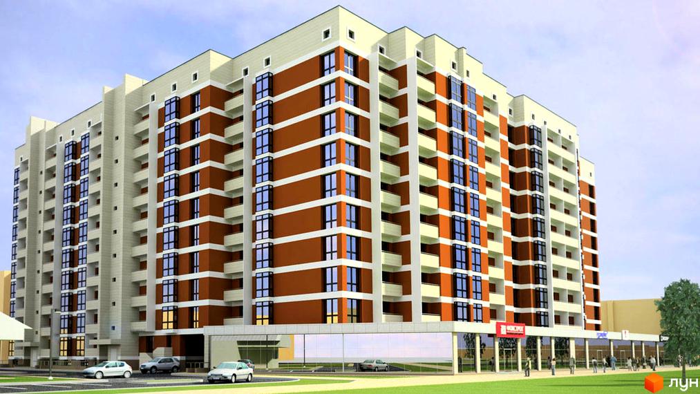 Новобудова на вулиці Перфецького, 2а, з цегляно-білим фасадом та балконами. Навколо будинку зелена зона та припарковані автомобілі.