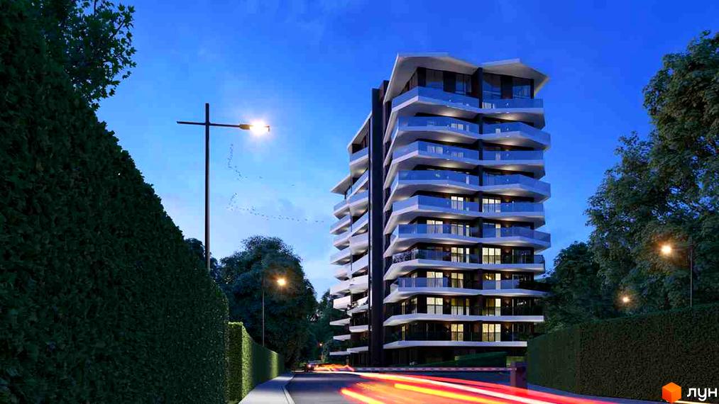 Житловий комплекс Avalon Lux з унікальною архітектурою та панорамними вікнами, розташований серед зелених насаджень. Зовнішній вигляд новобудови вражає витонченими лініями та сучасними балконами.