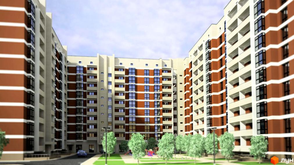 Новобудова на вул. Перфецького, 2а. Зовнішній вигляд будинку з цегляним оздобленням та великими вікнами. Прибудинкова територія з деревами та дитячим майданчиком.