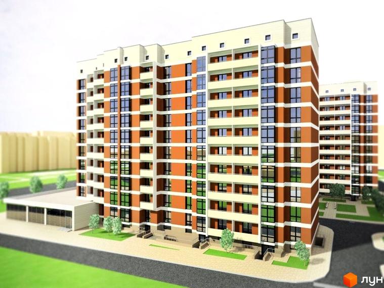 Зовнішній вигляд новобудови на вул. Перфецького, 2а, з цегляним фасадом та великими вікнами. На прибудинковій території розташовані дерева та доріжки.