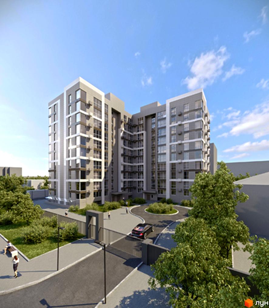 Багатоповерховий житловий комплекс Будинок на Титова з сірими фасадами та білими акцентами. Навколо доглянута територія з зеленими насадженнями та проїздами.