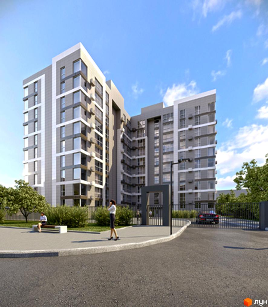 Житловий комплекс Будинок на Титова: багатосекційний будинок з сірими та білими фасадами, вікнами та балконами. На території є зелені насадження та проїзд.