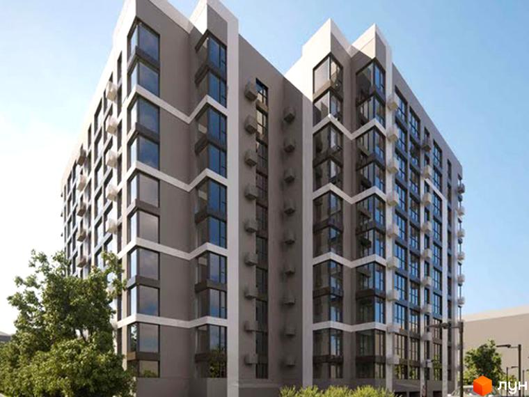 Житловий комплекс Будинок на Титова: багатоповерховий будинок з сірим фасадом, білими геометричними акцентами та великими вікнами. Навколо видно дерева.