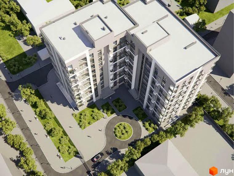 Житловий комплекс Будинок на Титова: багатоповерхова будівля світлого кольору з балконами, оточена зеленими зонами, пішохідними доріжками та круговим проїздом.