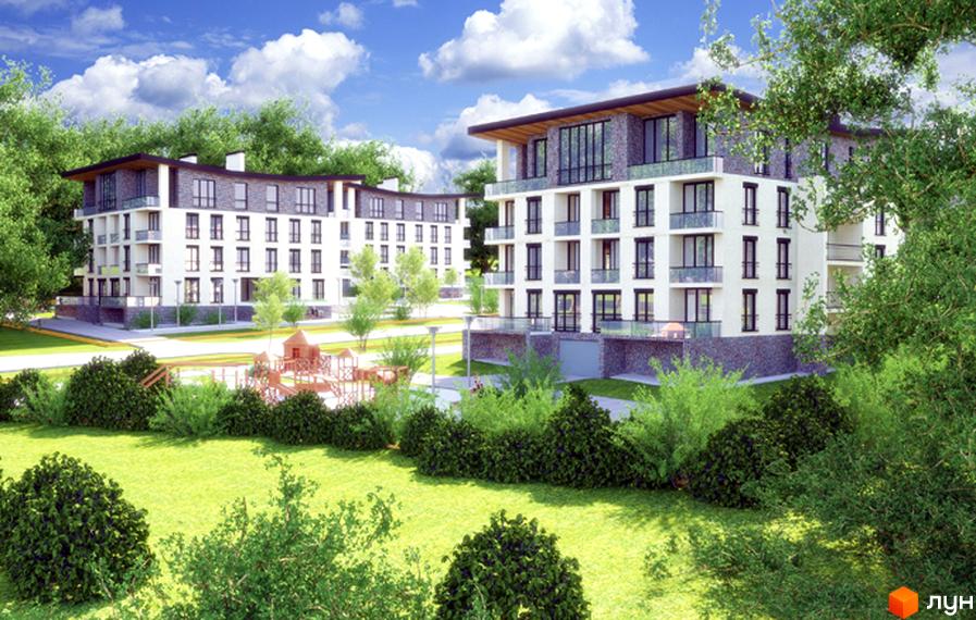 Резиденція Парк-Хаус – новобудова з білими фасадами, скляними балконами та темним дахом. На прибудинковій території зелений газон та дитячий майданчик.