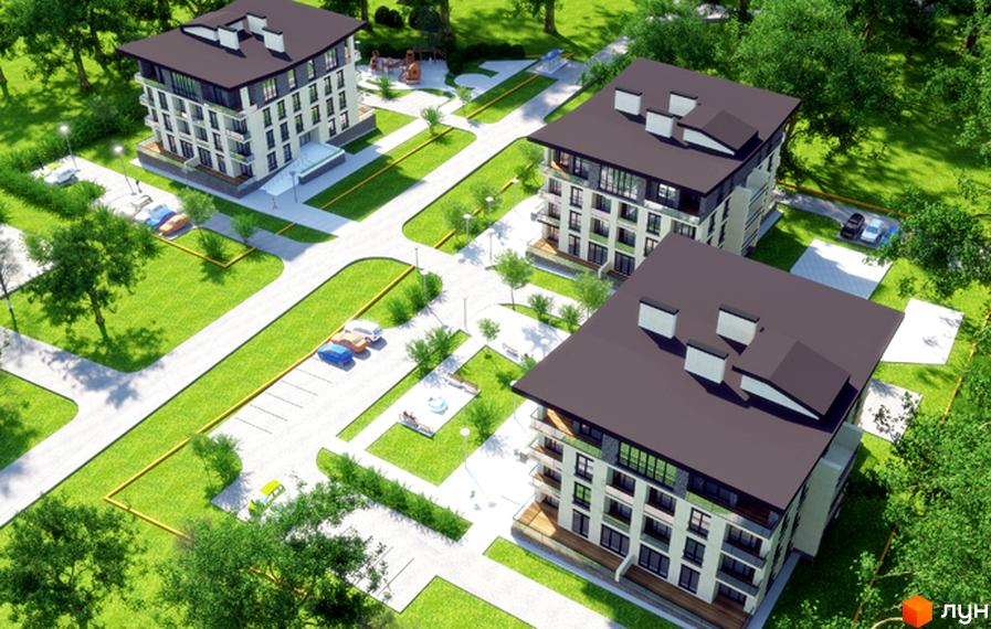 Резиденція „Парк-Хаус“ – це комплекс багатоповерхових будинків з темними дахами та світлими фасадами. На прибудинковій території розташовані зелені зони, дороги та паркувальні місця.