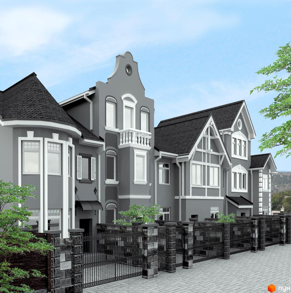 Таунхаус MerryLand: сірі фасади з білими декоративними елементами, темні дахи та огородження з кам'яними стовпами. Прибудинкова територія з бруківкою та зеленню.
