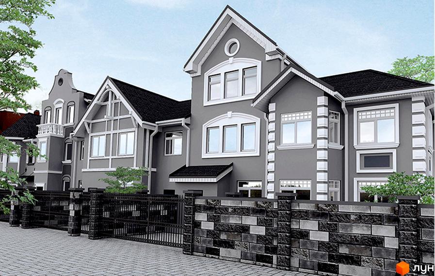 Таунхаус MerryLand: сірі фасади з білими декоративними елементами, чорний дах та паркан із каменю. Озеленена прибудинкова територія.