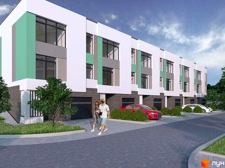 Таунхауси Дизайн Парк – це сучасні двоповерхові будинки з великими вікнами та зеленими фасадами. Перед будинками розташована доглянута прибудинкова територія з газоном та доріжками.