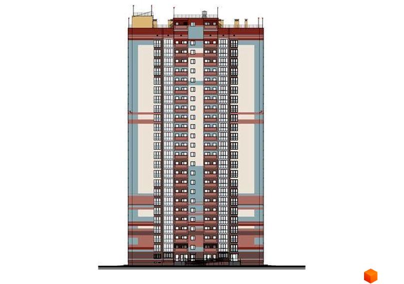 Фасад житлового комплексу Еврика. Багатоповерховий будинок з балконами та вікнами, оздоблений у світлих та темних тонах.