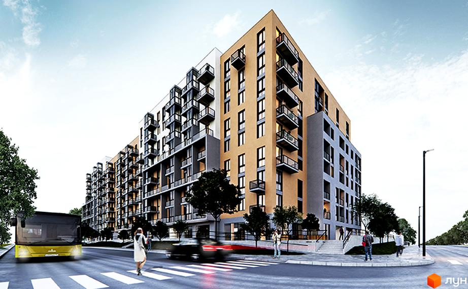 Житловий комплекс Львівський – це сучасна новобудова з балконами та панорамними вікнами. Навколо комплексу облаштована прибудинкова територія з деревами та пішохідними зонами.