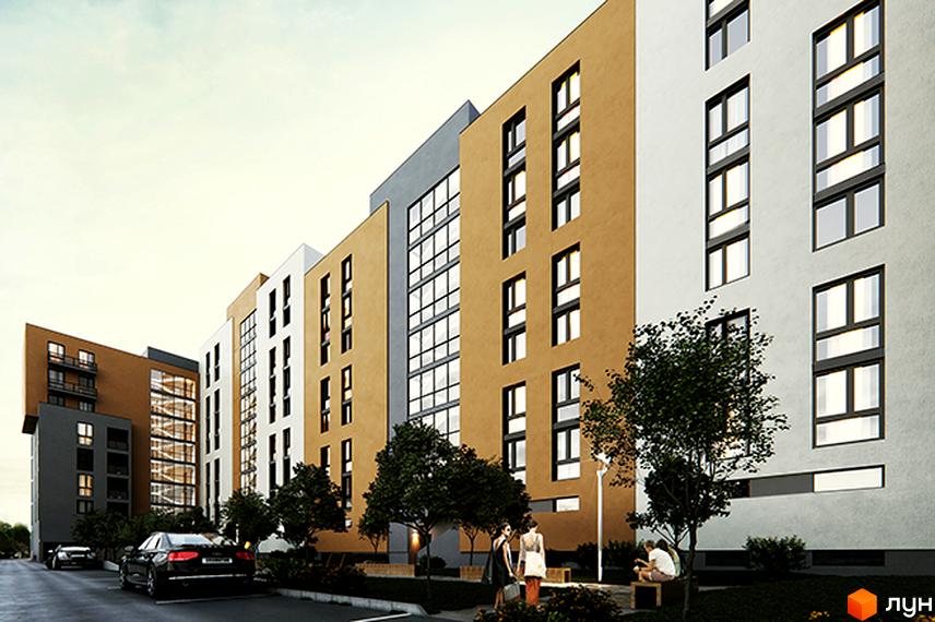 Житловий комплекс Львівський. Багатоповерховий будинок з великими вікнами, фасад пофарбовано в різні кольори. На прибудинковій території є дерева, лавки та місце для паркування.