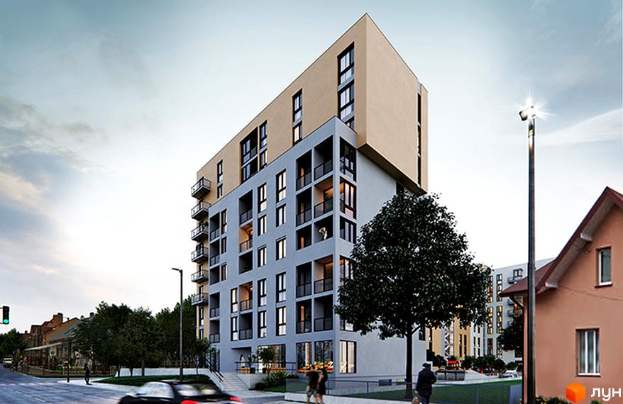 Висотна будівля ЖК Львівський з великими вікнами та балконами. На території комплексу є зелені насадження та пішохідні доріжки.