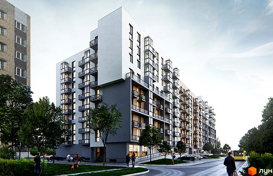 Житловий комплекс Львівський. Багатоповерховий будинок з балконами та панорамними вікнами. На території є зелені насадження та місця для паркування.