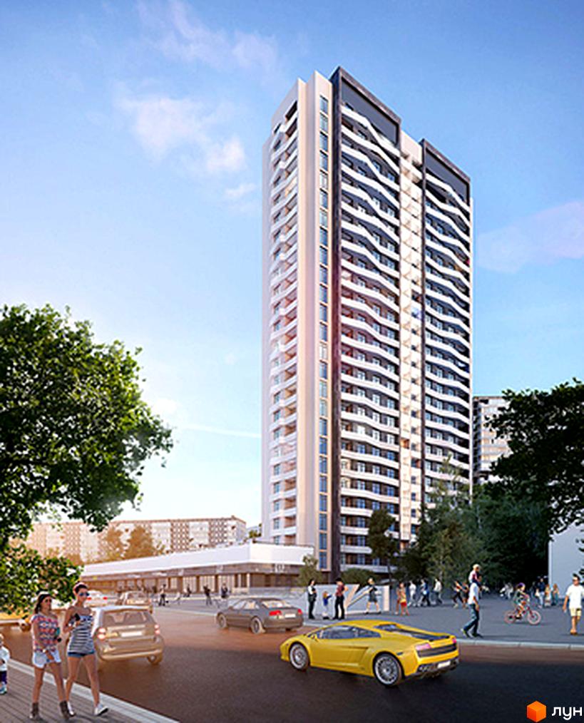 Зображення висотного будинку Житлового комплексу Silver House. На передньому плані дорога з автомобілями та пішоходи.