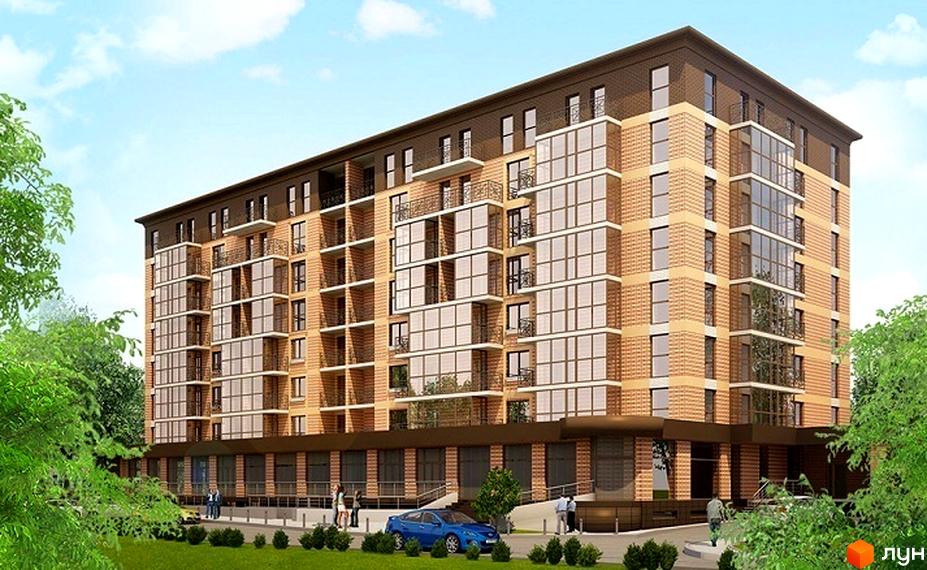 Зовнішній вигляд житлового комплексу Яровиця Парк з цегляним фасадом та великими вікнами. Прибудинкова територія з деревами та автомобілем.