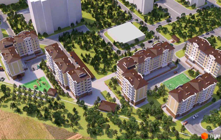 Житловий комплекс Якоря. Високі будинки з коричневими дахами, світлими фасадами та великою прибудинковою територією з деревами, дитячим майданчиком та спортивним майданчиком.