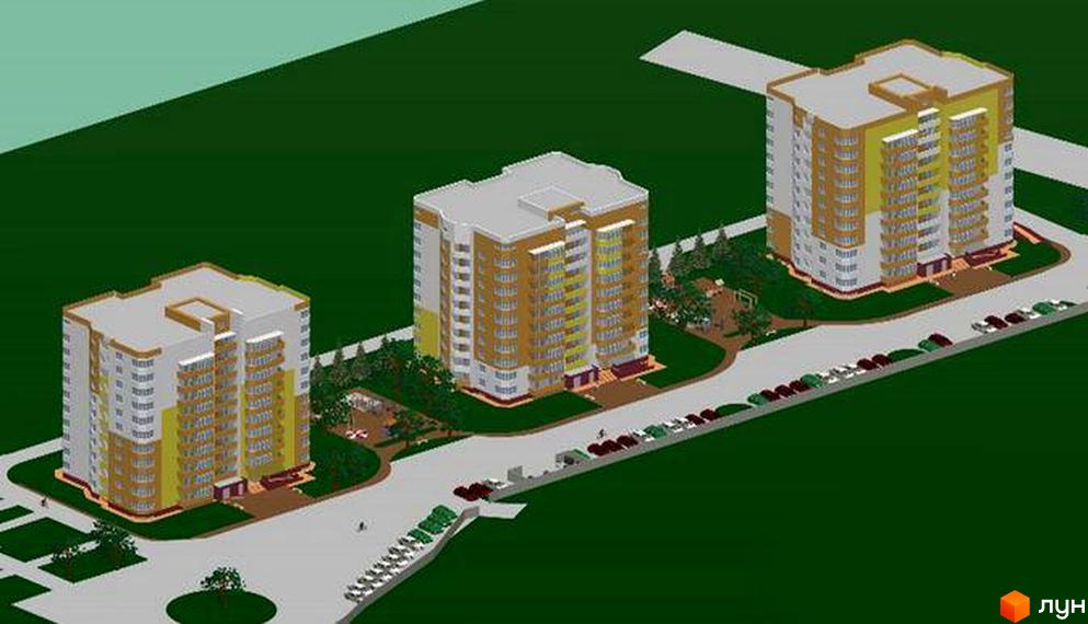 Три багатоповерхові будинки з жовто-білими фасадами та балконами, розташовані на зеленій території з парковкою та деревами. Житловий комплекс на вул. Гетьмана Мазепи (Чехова).