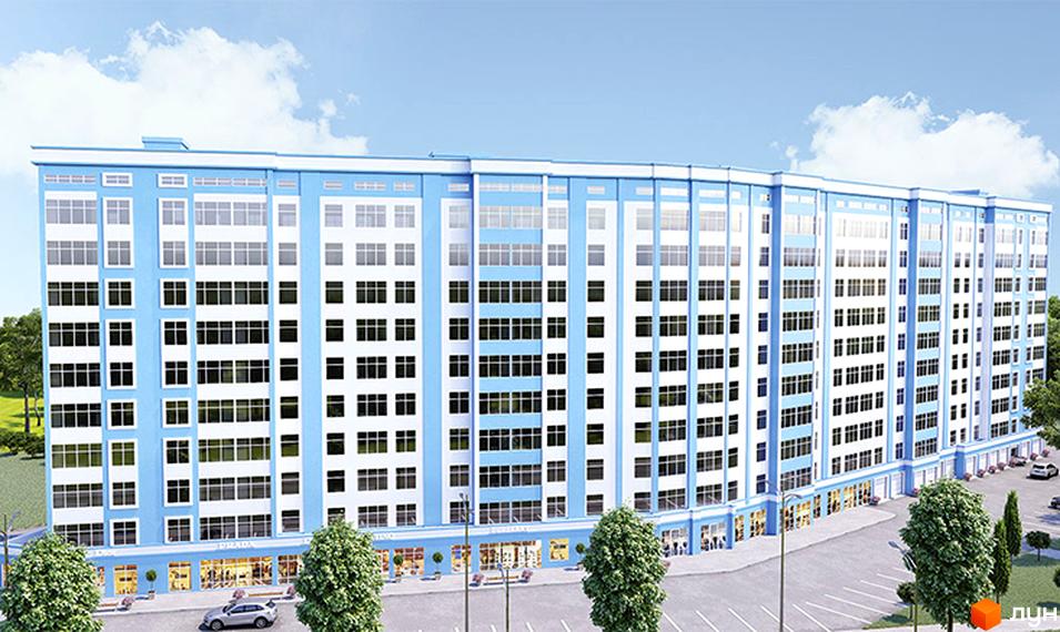 Зовнішній вигляд новобудови ЖК Avila Sky з блакитними та білими фасадами, великою кількістю вікон та комерційними приміщеннями на першому поверсі. На прибудинковій території видно дерева та автомобілі.