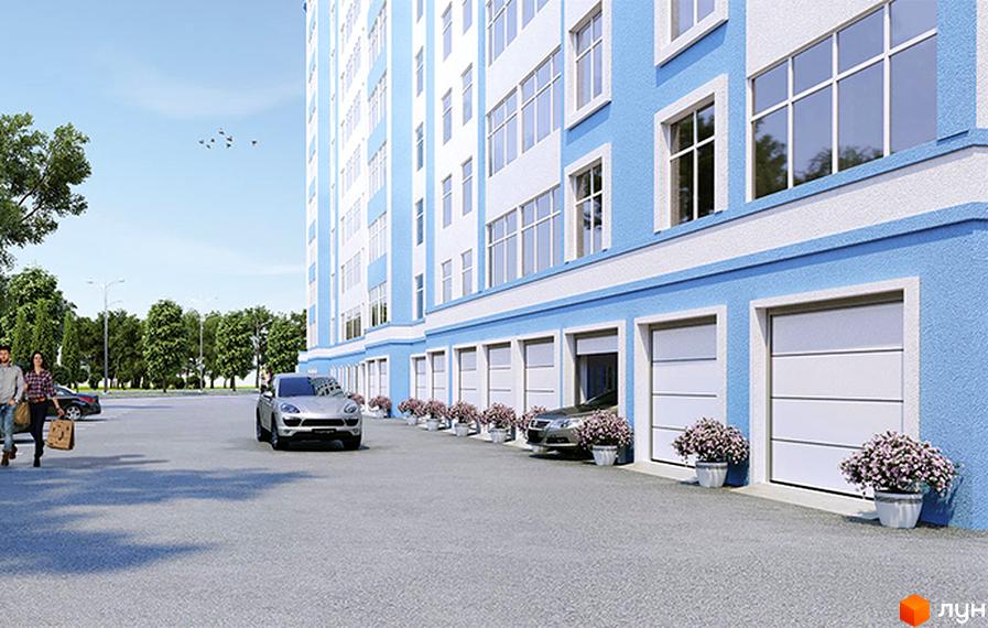 Зовнішній вигляд новобудови ЖК Avila Sky з блакитними фасадами та білими вікнами. Прибудинкова територія з автомобілями та зеленими насадженнями.