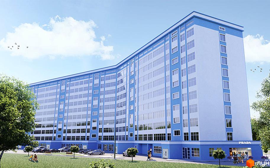 Житловий комплекс Аvila Sky – це багатоповерхова новобудова з блакитними та білими фасадами. Перед будинком розташована зелена галявина з деревами та припаркованими автомобілями.