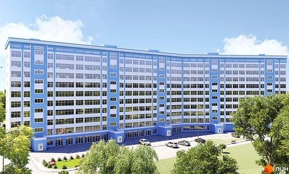 Зовнішній вигляд новобудови ЖК Avila Sky з блакитними та білими фасадами, численними вікнами та прибудинковою територією з деревами та парковкою.