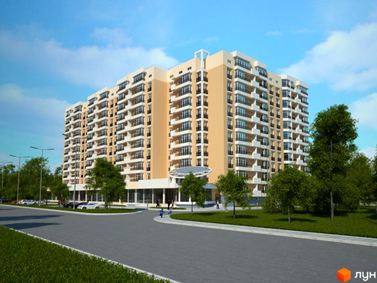 Зовнішній вигляд багатоповерхового житлового комплексу з балконами та парковкою. Навколо будівлі зелена зона з деревами та доглянутою прибудинковою територією.