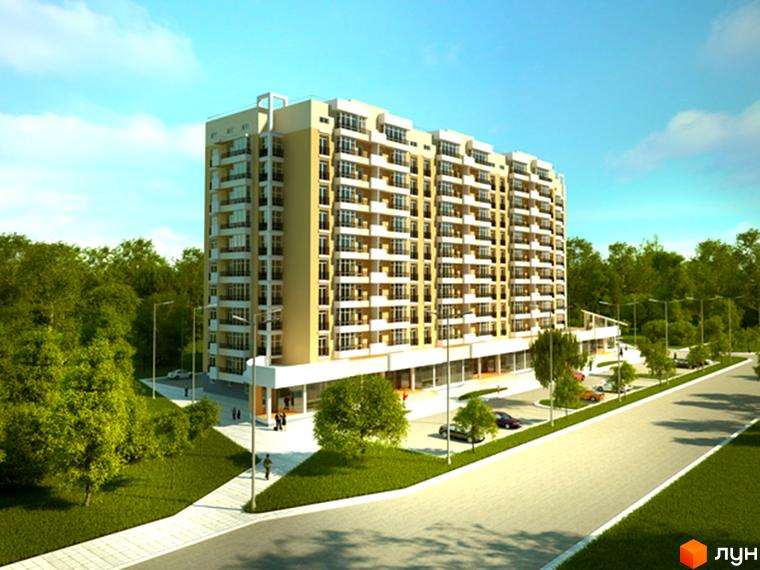 Багатоповерховий житловий комплекс на вулиці Інструментальна, 49, з великою прибудинковою територією та зеленими насадженнями. Будинок має світлий фасад та численні балкони.