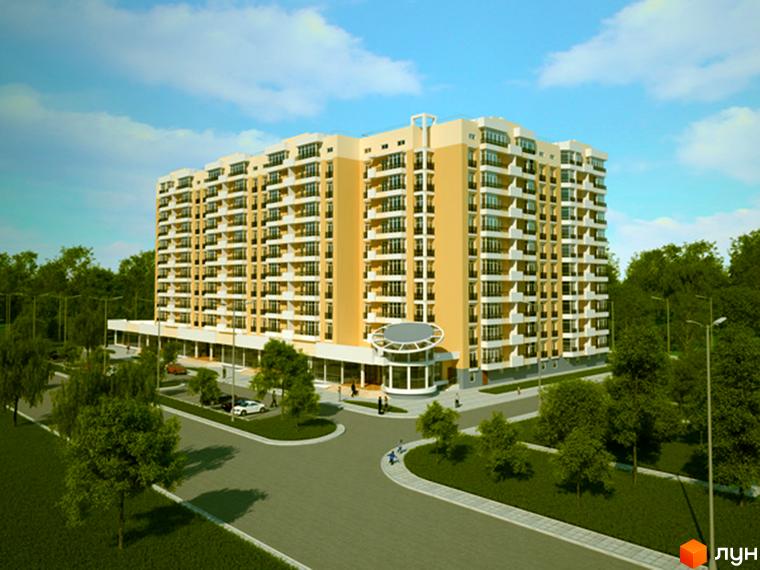 Зовнішній вигляд багатоповерхового будинку жовтого кольору з балконами та прибудинковою територією з деревами та дорогою. Новобудова на вул. Інструментальна, 49.