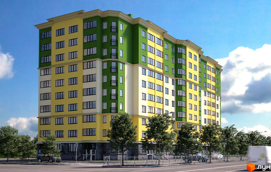 Багатоповерховий житловий комплекс на вулиці Набережна, 4а, з яскравим фасадом у жовтих та зелених кольорах. Навколо будинку розташовані дерева та огороджена територія.