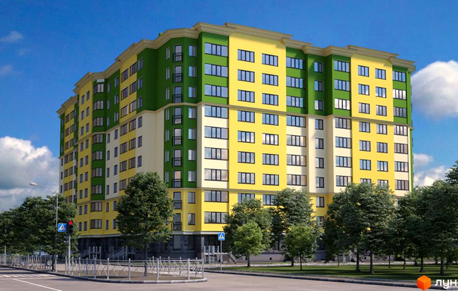 Житловий комплекс на вул. Набережна, 4а. Багатоповерховий будинок з жовто-зеленим фасадом, балконами та вікнами. Навколо будинку дерева та облаштована прибудинкова територія.